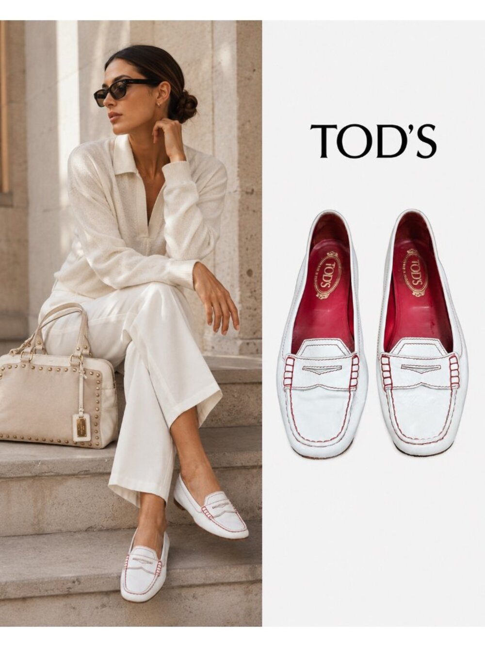 TOD'S White Leather Driving Loafers Red Contrast Stitch Penny Flats Women's 9.5